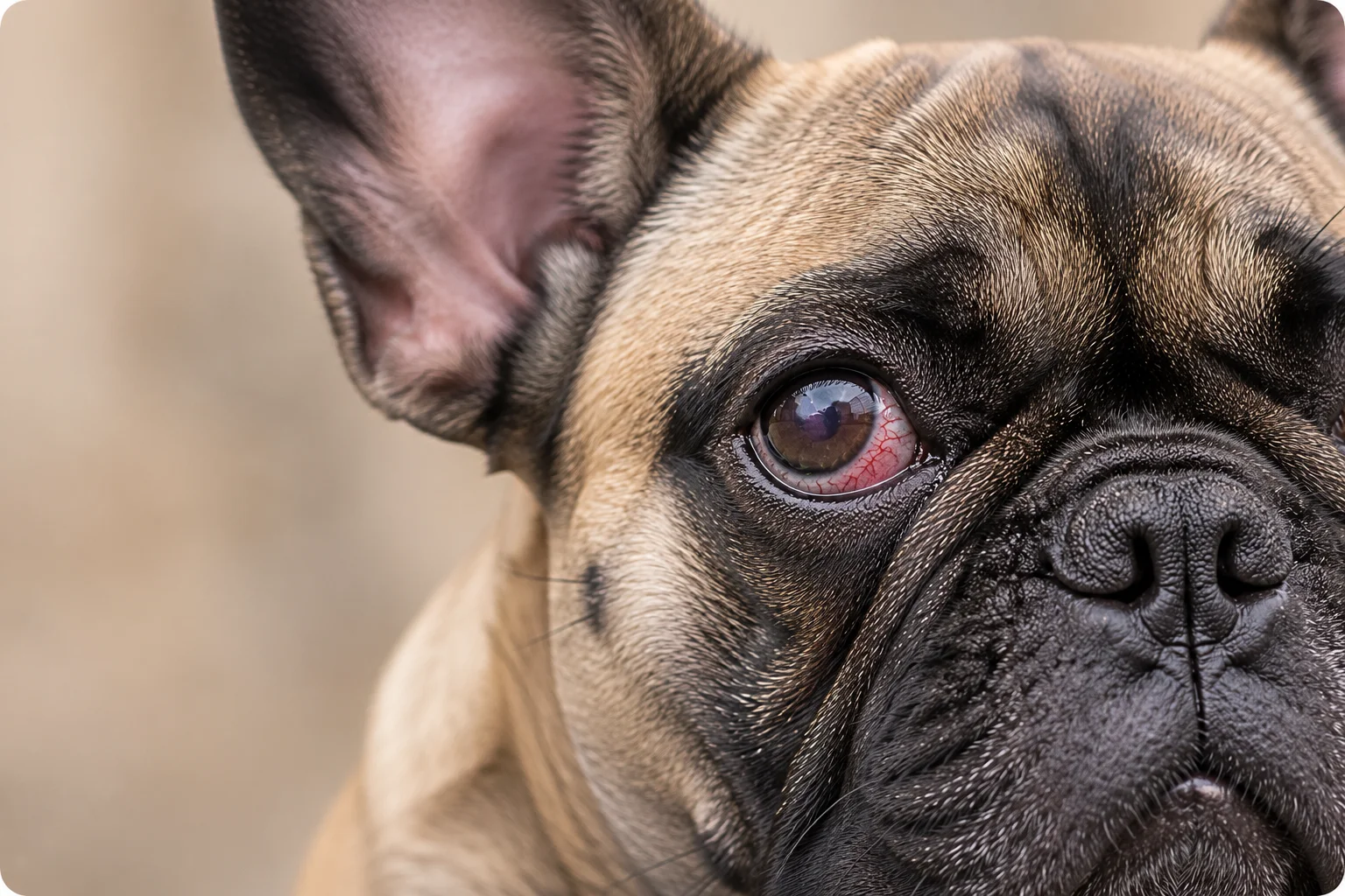 Close-up of a French Bulldog's eye showing signs compatible with corneal irritation
