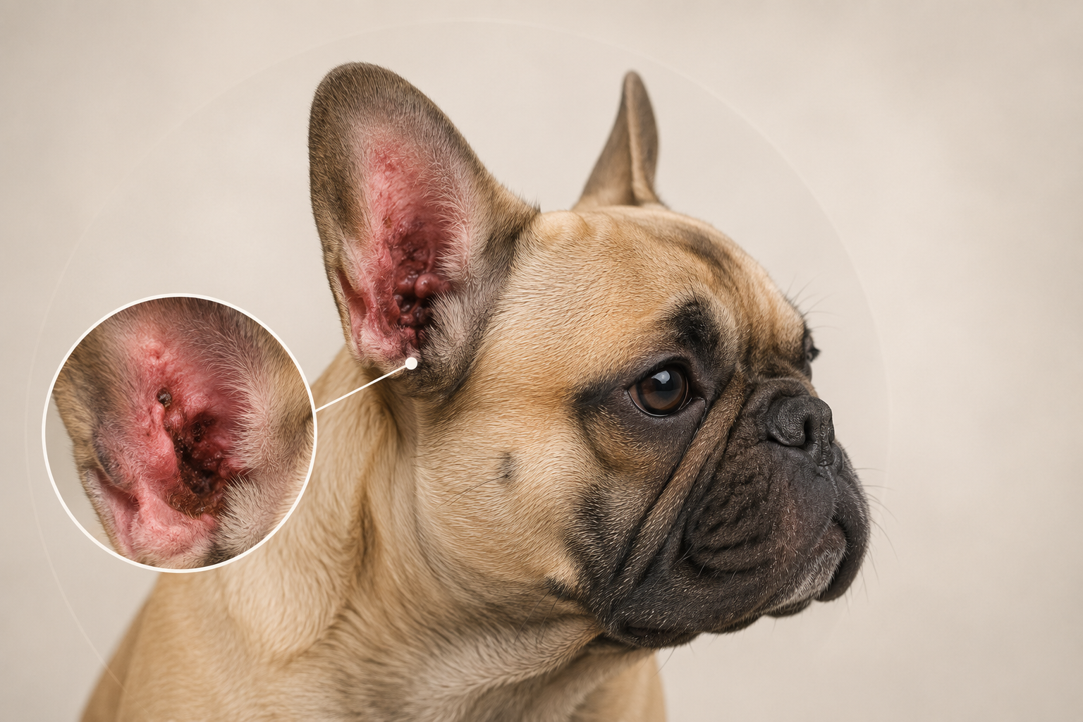 French Bulldog with reddened ear and close-up detail showing signs of otitis