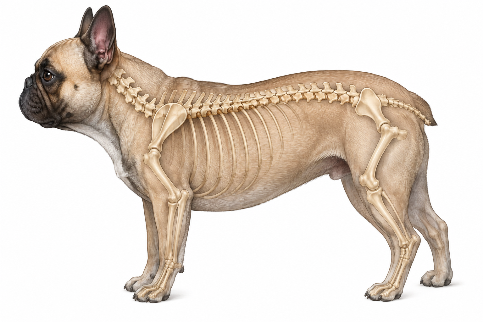 Illustrazione anatomica del Bulldog Francese con scheletro in vista laterale per l'esplorazione dei sintomi dell'IVDD