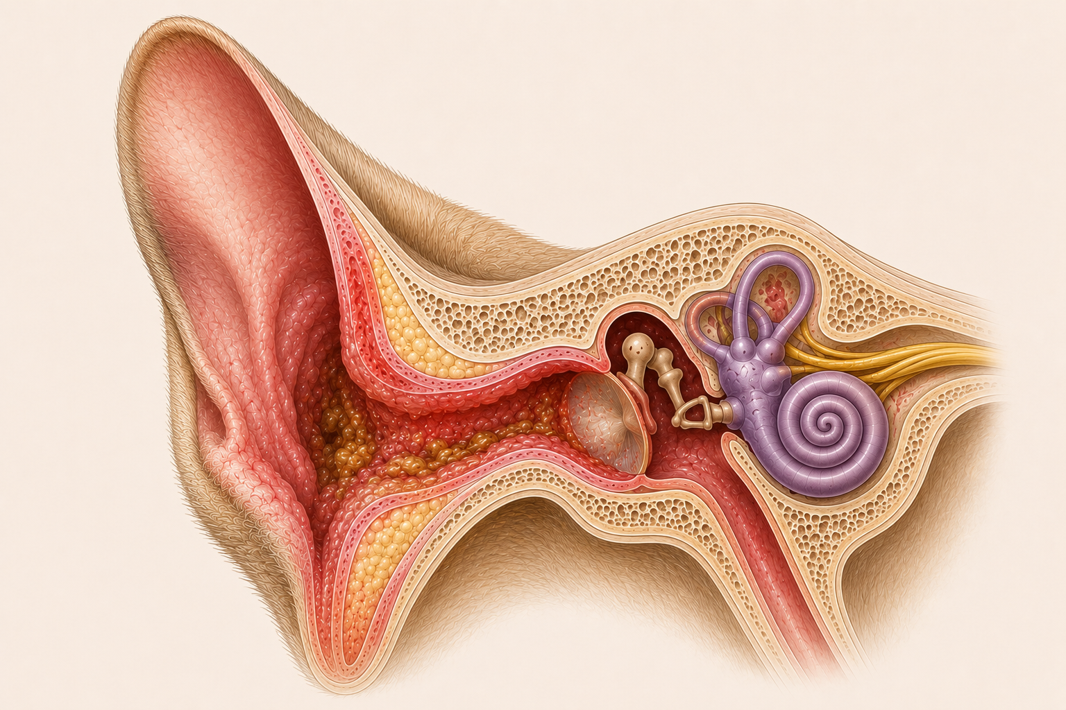 Illustration anatomique en coupe d'une oreille de chien avec otite