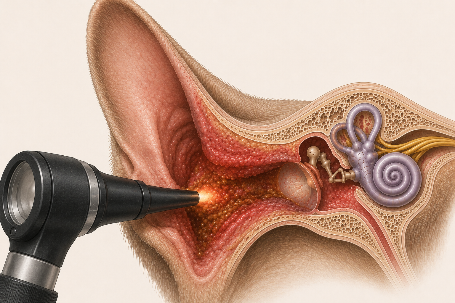 Illustration d'un otoscope introduit dans l'oreille d'un chien atteint d'otite, coupe détaillée du conduit auditif et du tympan