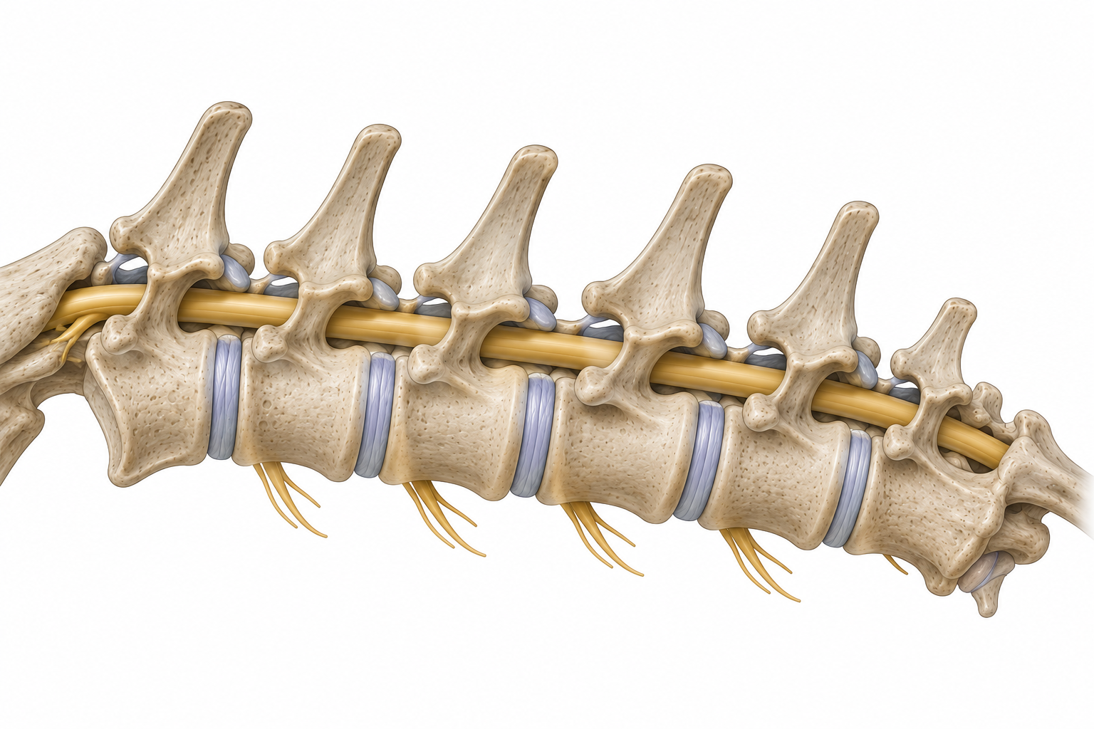 Lateral anatomical illustration of healthy vertebrae and intervertebral discs in a dog's spine