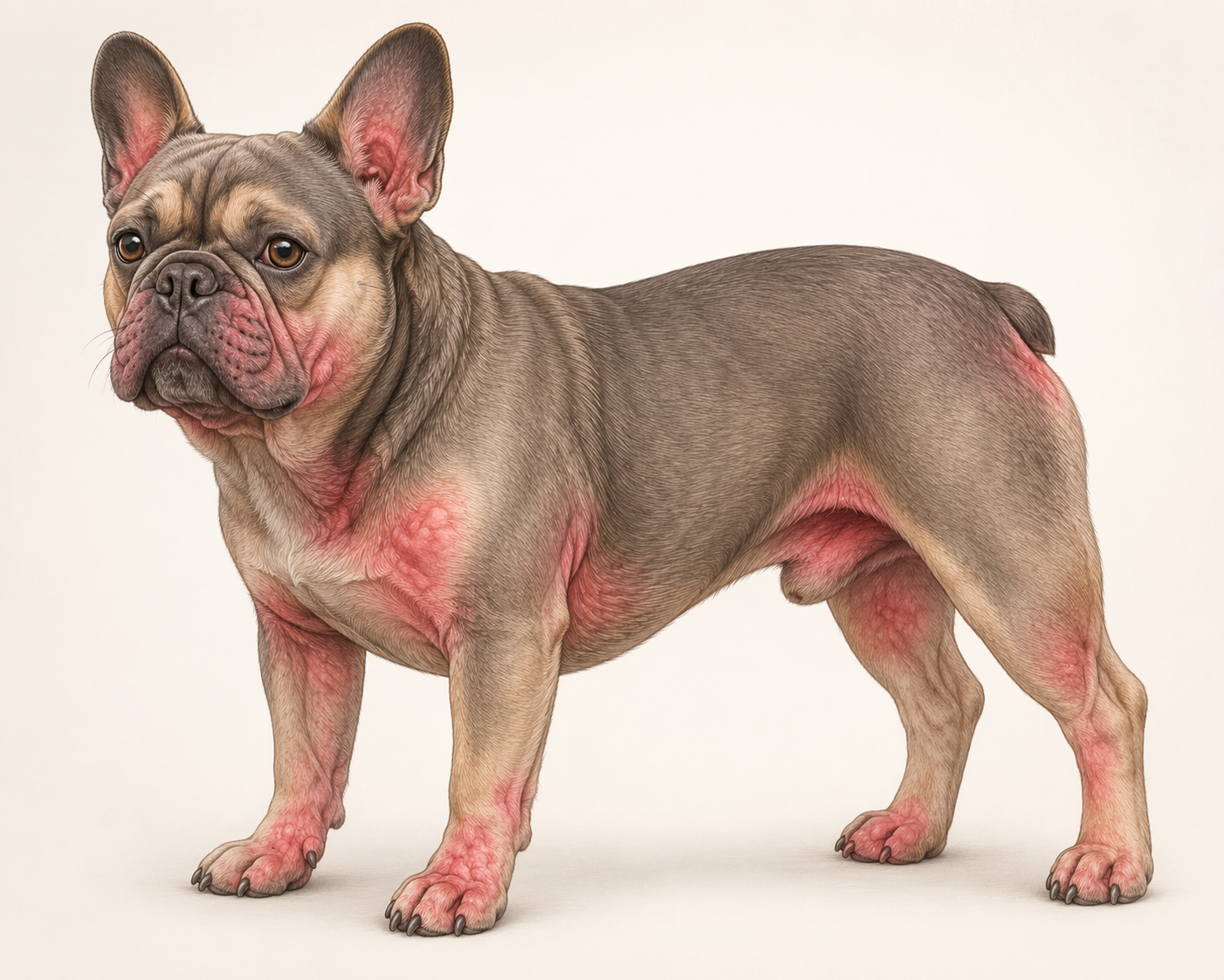 French Bulldog with atopic dermatitis: reddened skin on ears, muzzle, chest and paws