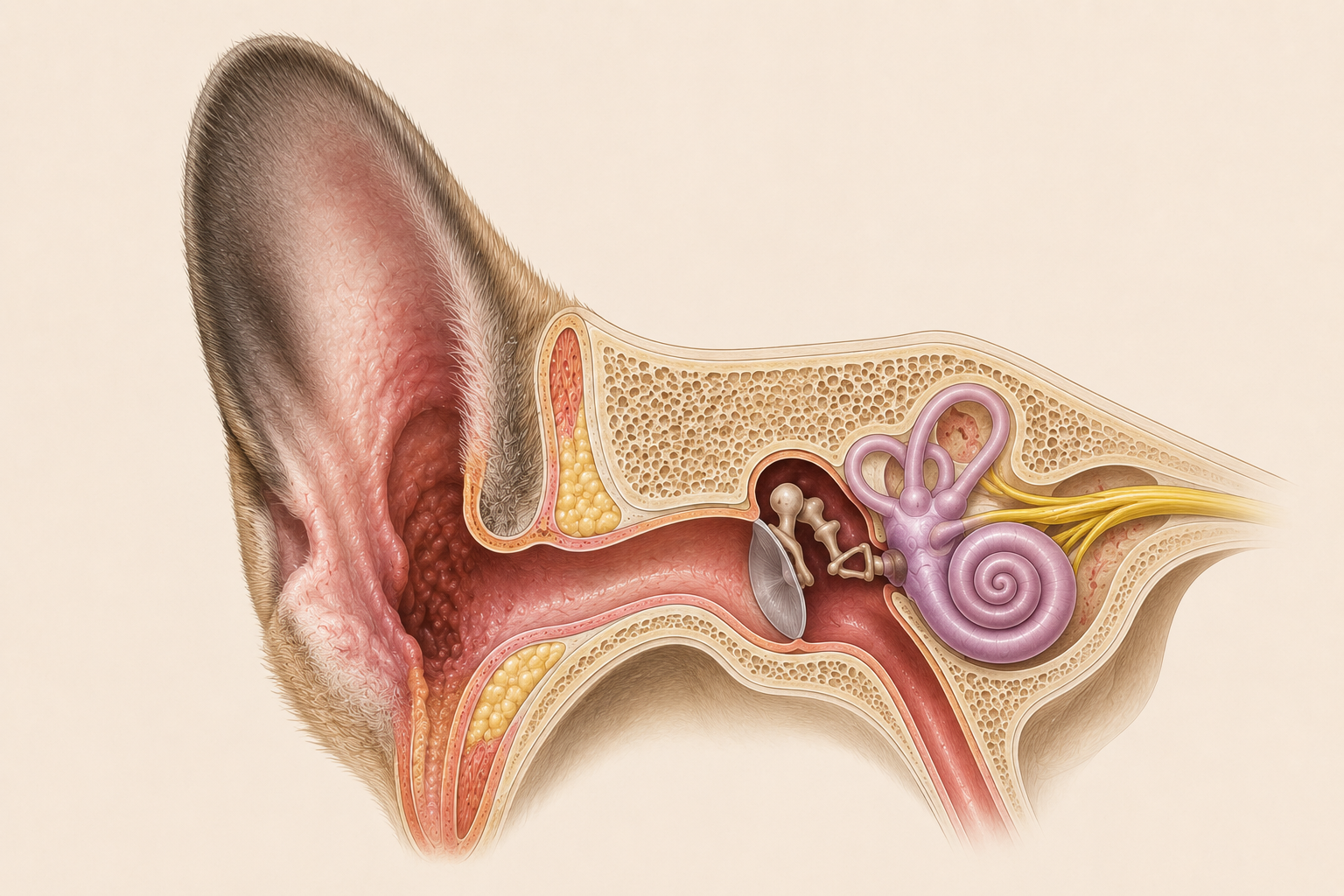 Illustration anatomique en coupe d'une oreille de chien saine