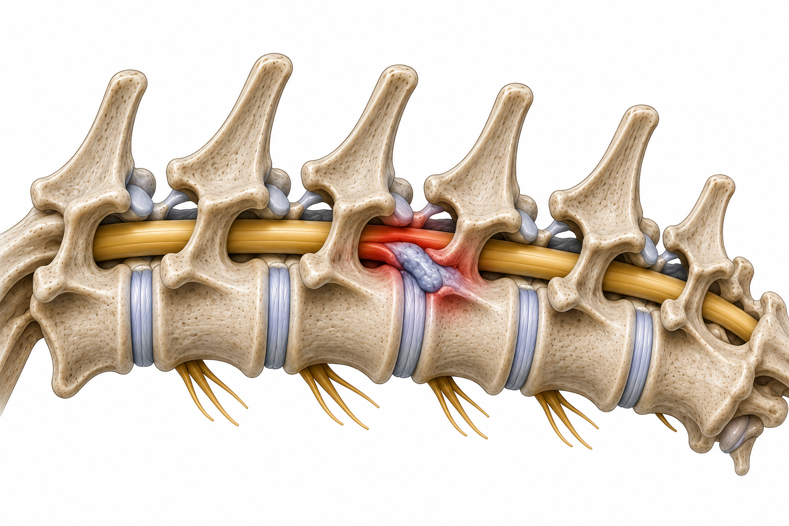 Anatomical illustration of a canine disc herniation with disc material compressing the spinal cord