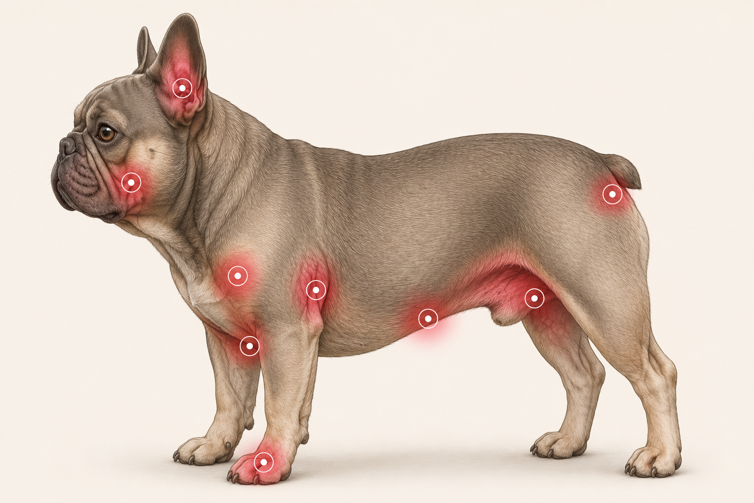 Interactive body map of a French Bulldog showing the 10 areas most commonly affected by atopic dermatitis: ears, muzzle, neck, chest, armpits, abdomen, groin, paws, interdigital spaces, and tail base