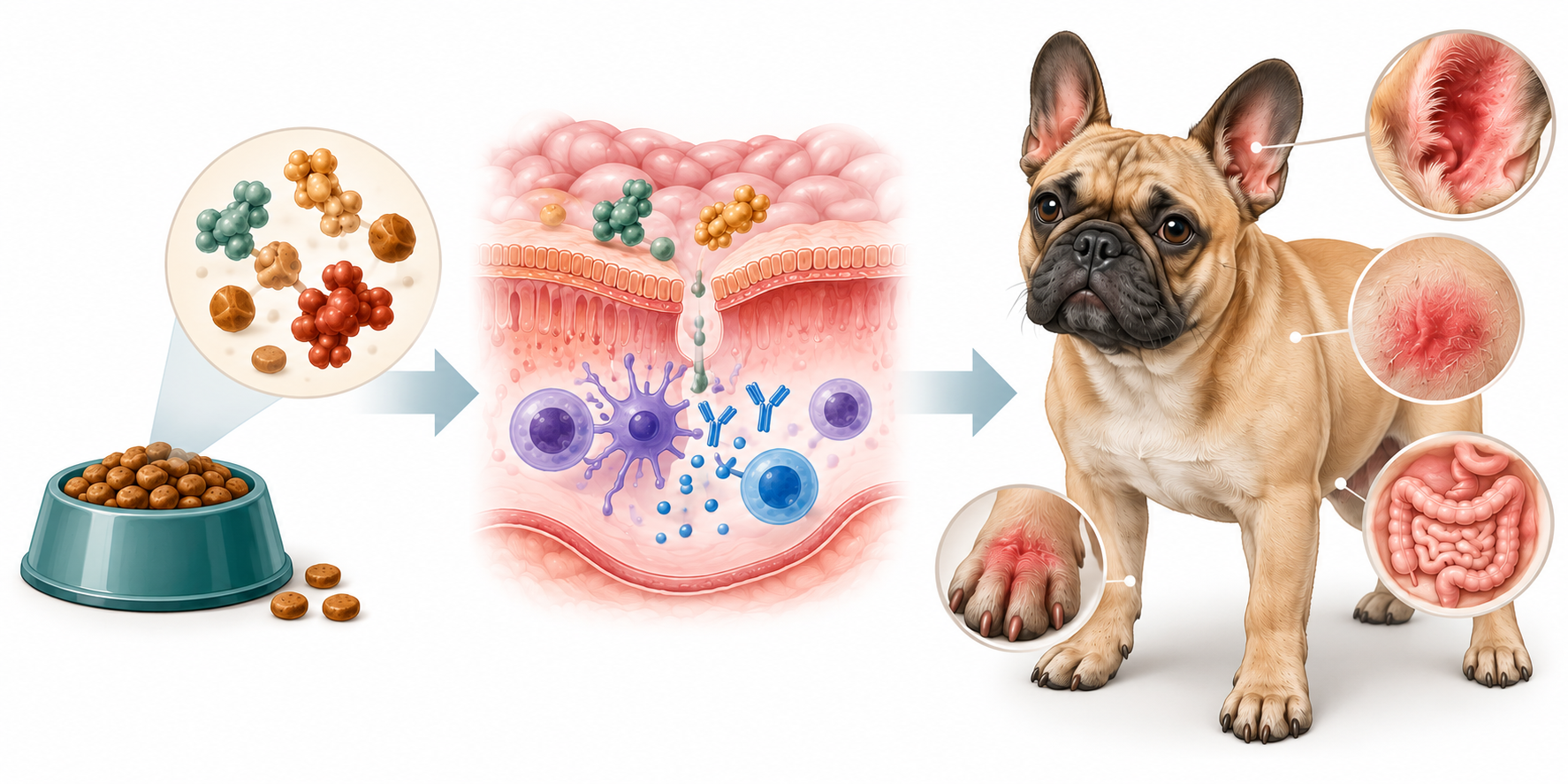 Diagram of possible manifestations of an adverse food reaction in a French Bulldog