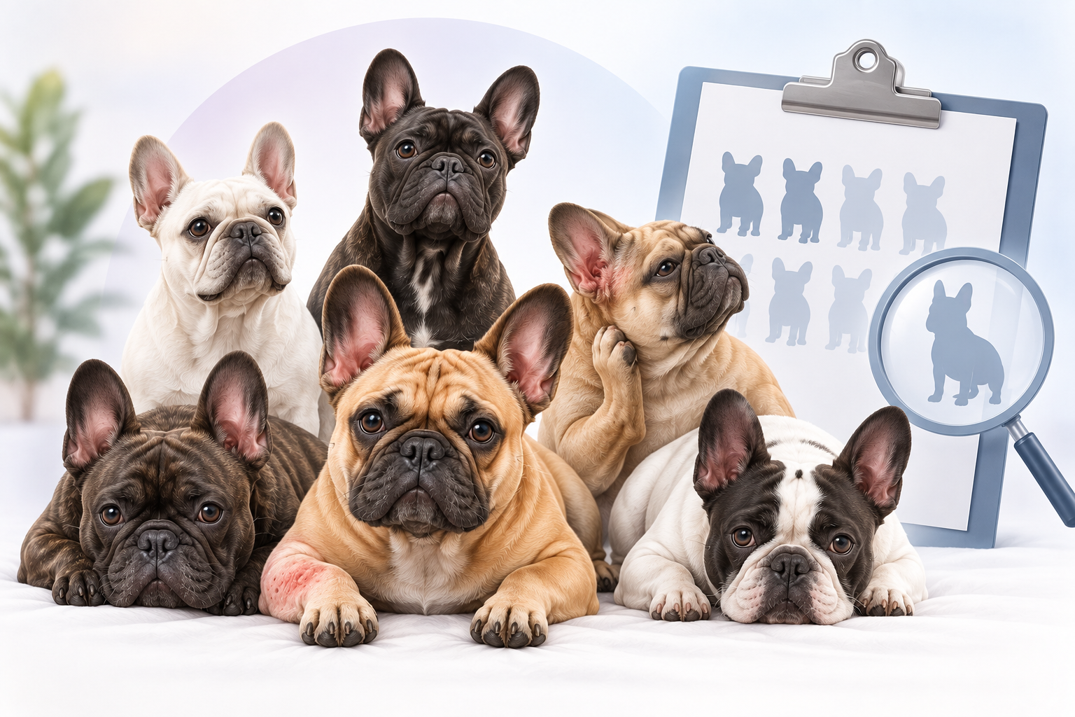Group of French Bulldogs representing individual variation in breed population studies