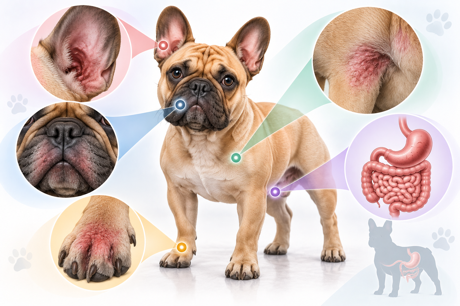 French Bulldog with illustrated details of possible skin, ear, paw and gastrointestinal signs associated with adverse food reactions