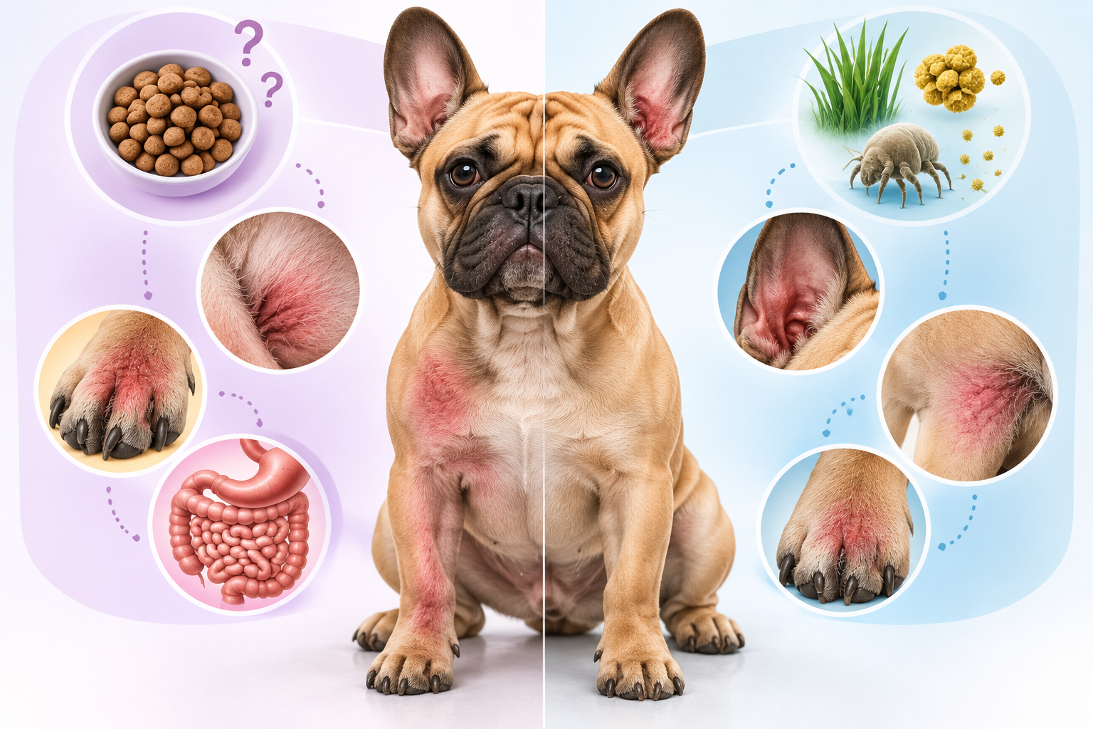 Visual comparison between adverse food reaction and atopic dermatitis in a French Bulldog