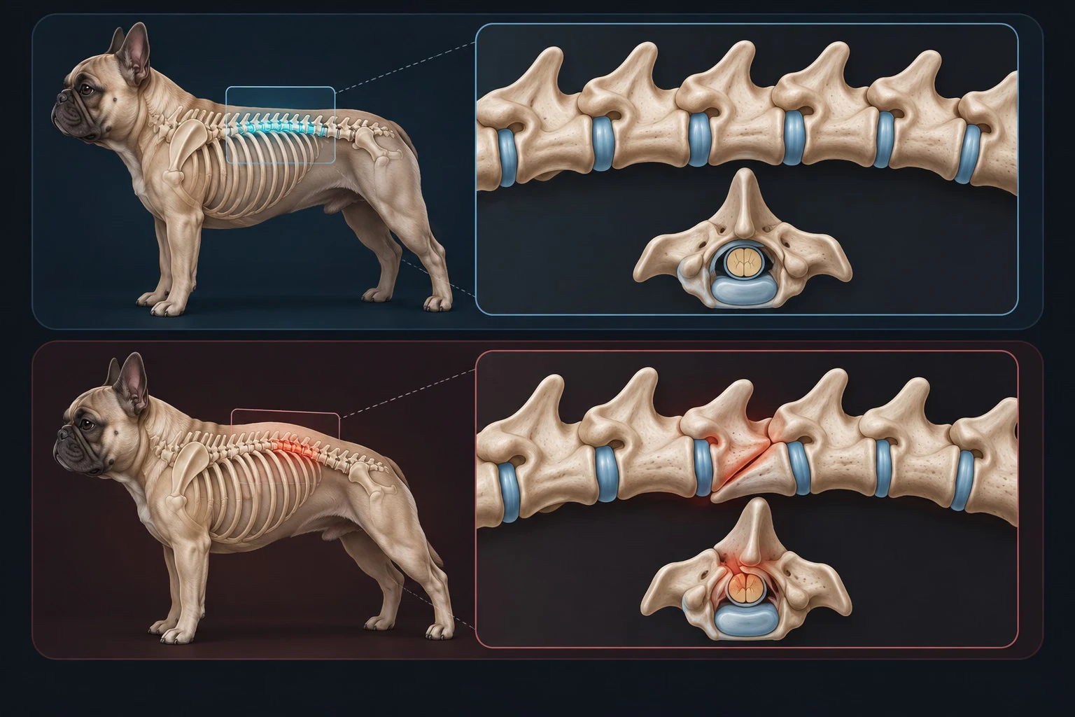 Anatomical illustration comparing normal vertebral alignment with a wedge-shaped malformation in a French Bulldog