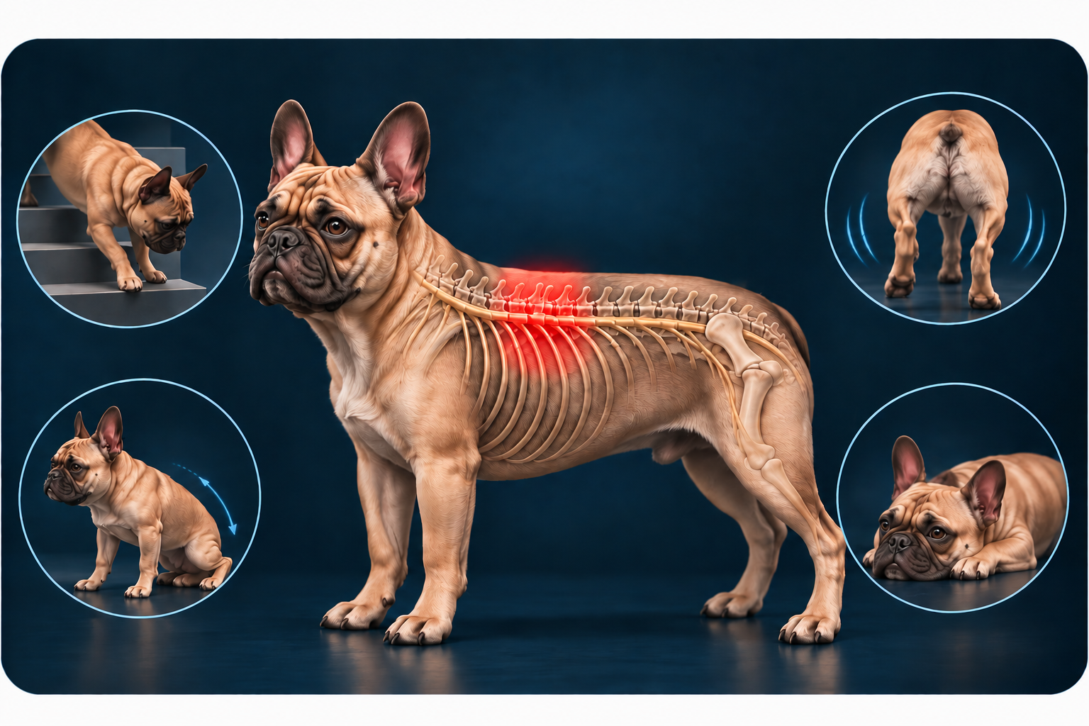 French Bulldog with illustrations of possible motor and neurological signs associated with clinically significant vertebral disease