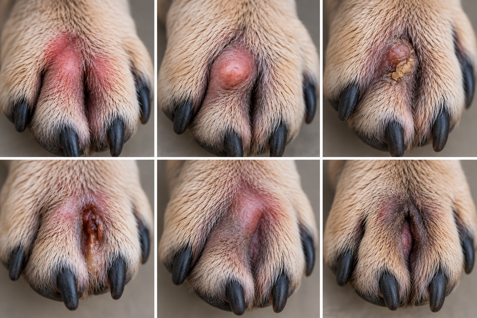 Six-panel view of possible interdigital changes including redness, a raised nodule, crusting, an open moist lesion, swelling and darkened skin