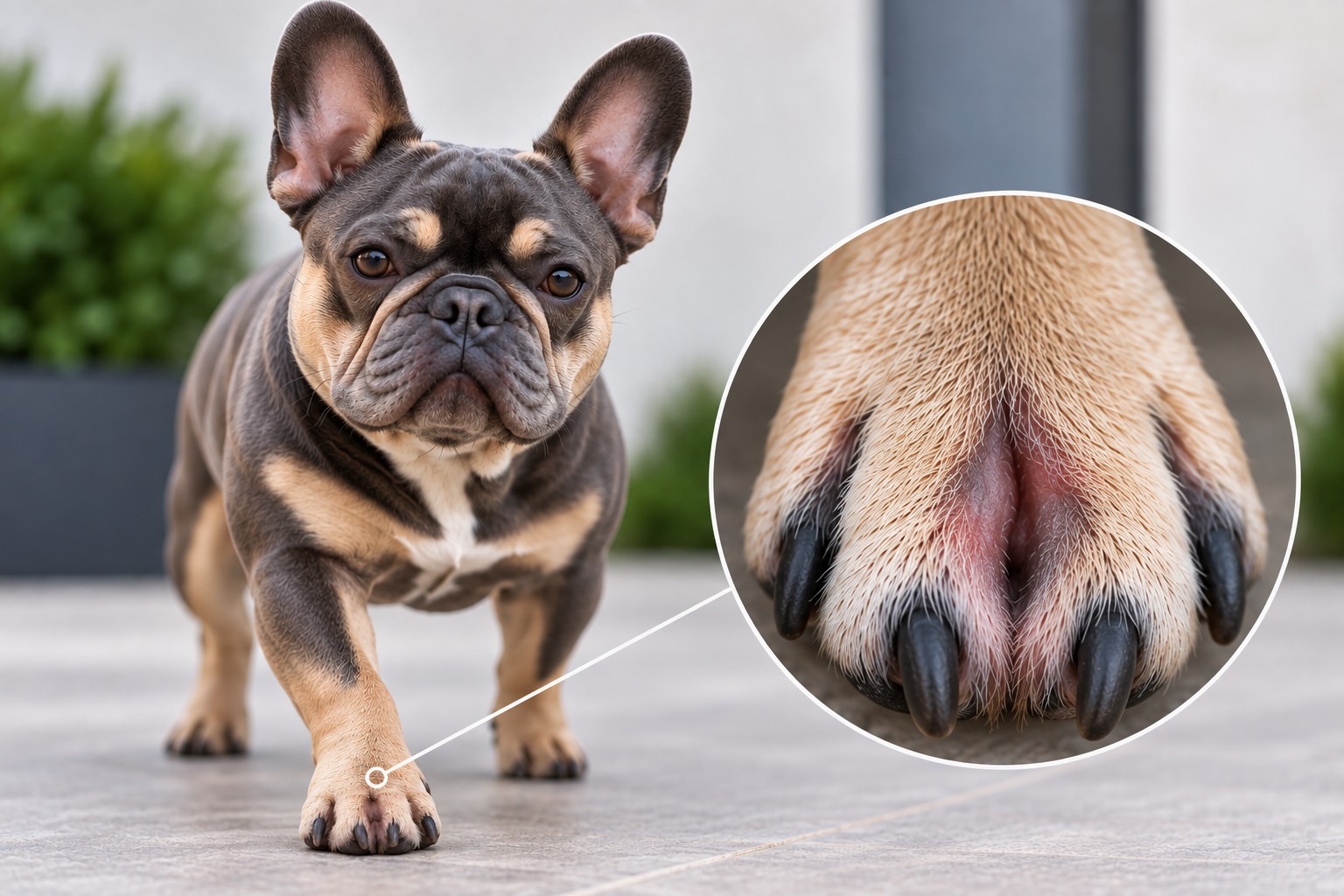 French Bulldog beside a close-up of mildly reddened skin in the interdigital space of a front paw