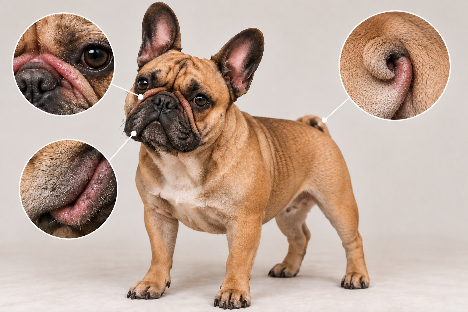 Bouledogue Français avec vues rapprochées des plis nasal, labial et caudal