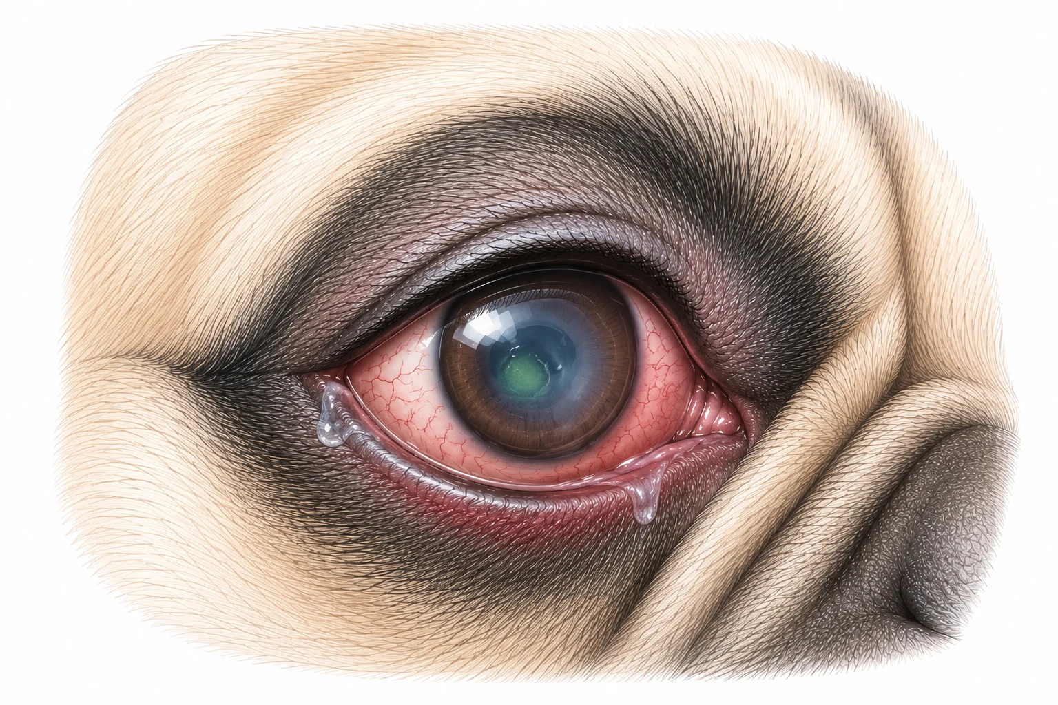 Illustration des Auges einer Französischen Bulldogge mit Hornhautgeschwür: sichtbare Rötung, Tränenfluss und Trübung
