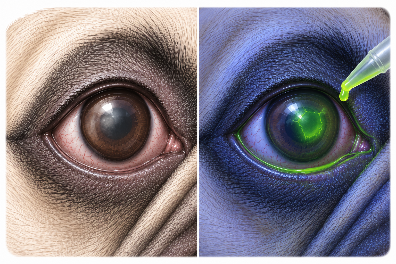Medizinische Illustration des Fluoreszein-Tests am Auge einer Französischen Bulldogge: links das Auge mit verdächtiger Hornhautverletzung im normalen Licht, rechts die Verletzung grün fluoreszierend unter blauem Licht hervorgehoben