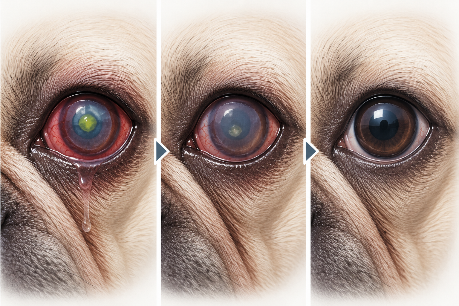 Medizinische Illustration der Heilung eines Hornhautgeschwürs bei einer Französischen Bulldogge: drei aufeinanderfolgende Stadien mit aktiver Hornhautverletzung, Heilungsphase mit Epithelregeneration und vollständig geheilter Hornhaut