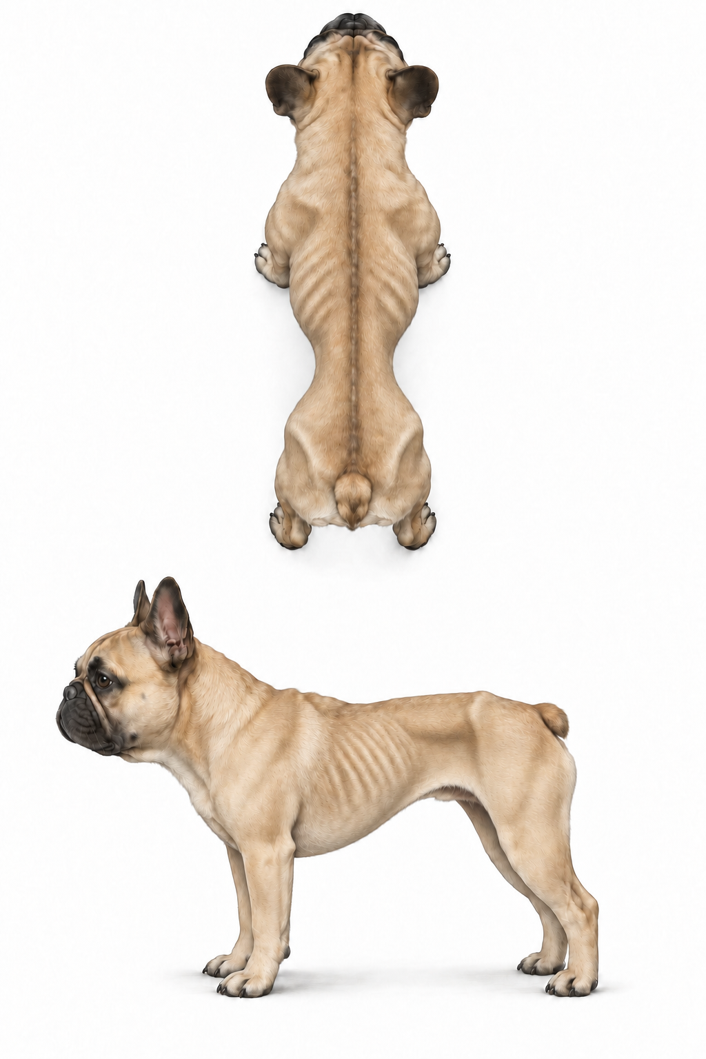Riferimento visivo di un Bulldog Francese per il Body Condition Score 1 su 9; guida orientativa, non diagnosi