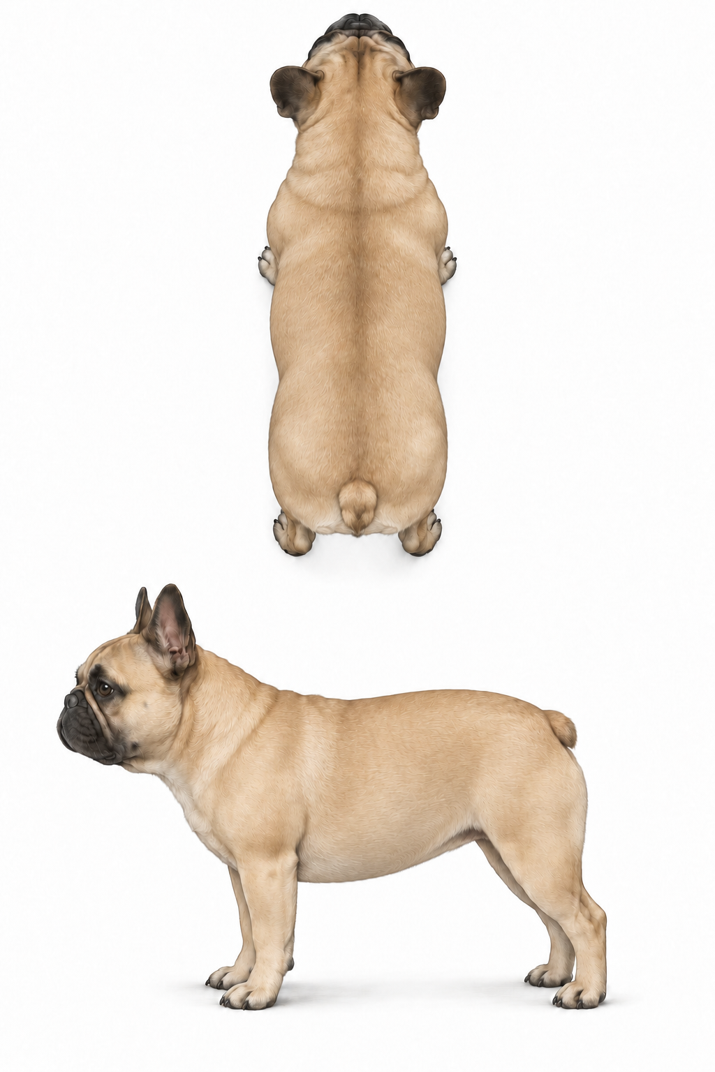 Riferimento visivo di un Bulldog Francese per il Body Condition Score 7 su 9; guida orientativa, non diagnosi