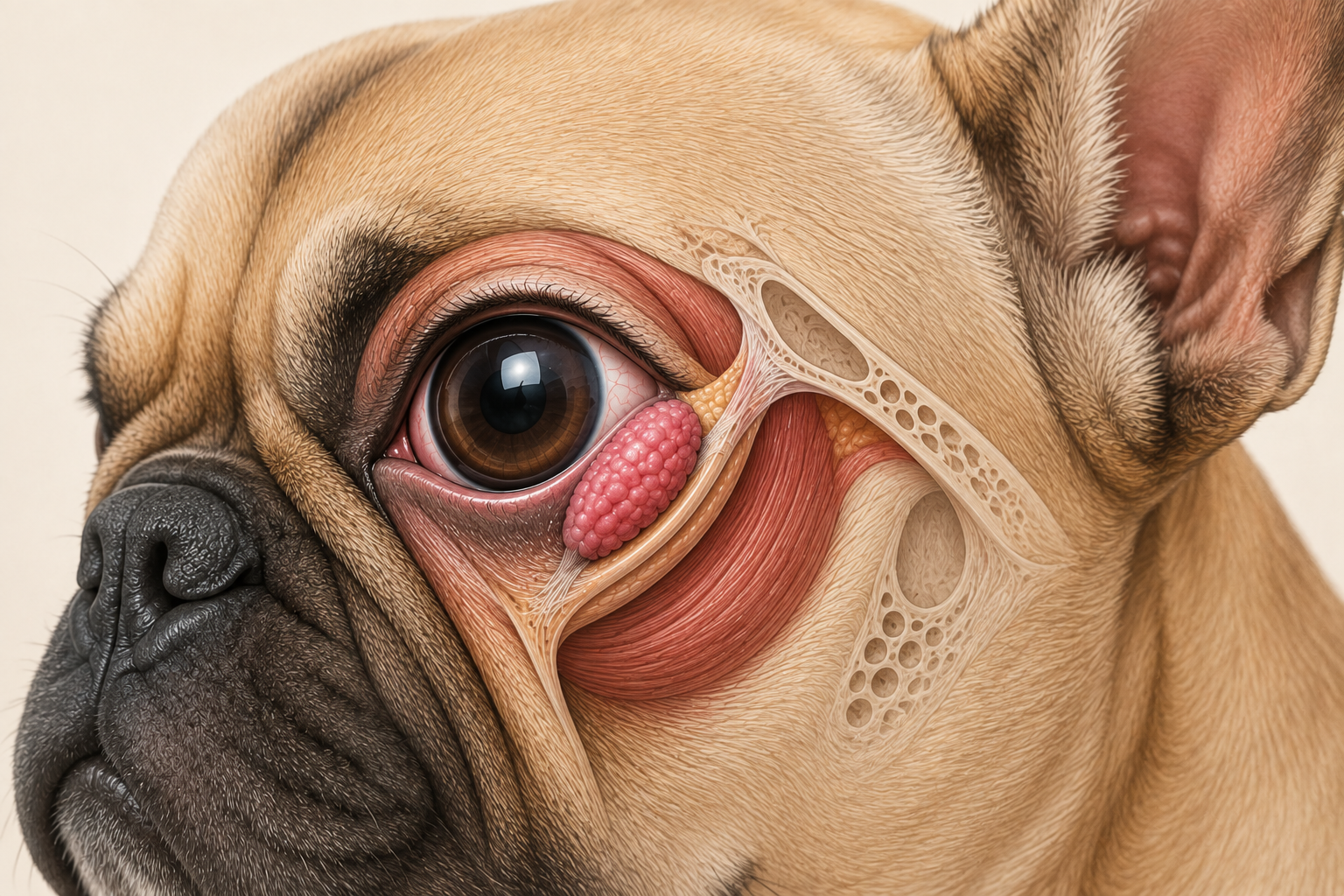 Educational anatomical illustration of a French Bulldog's eye showing the region of the third eyelid and its gland