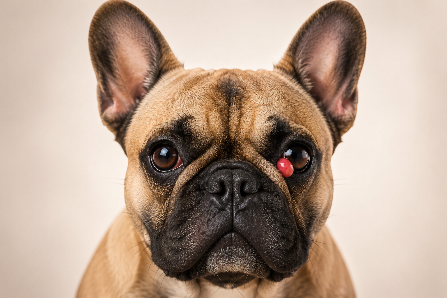 French Bulldog with prolapse of the gland of the third eyelid consistent with cherry eye: pink-red mass visible in the inner corner of the right eye
