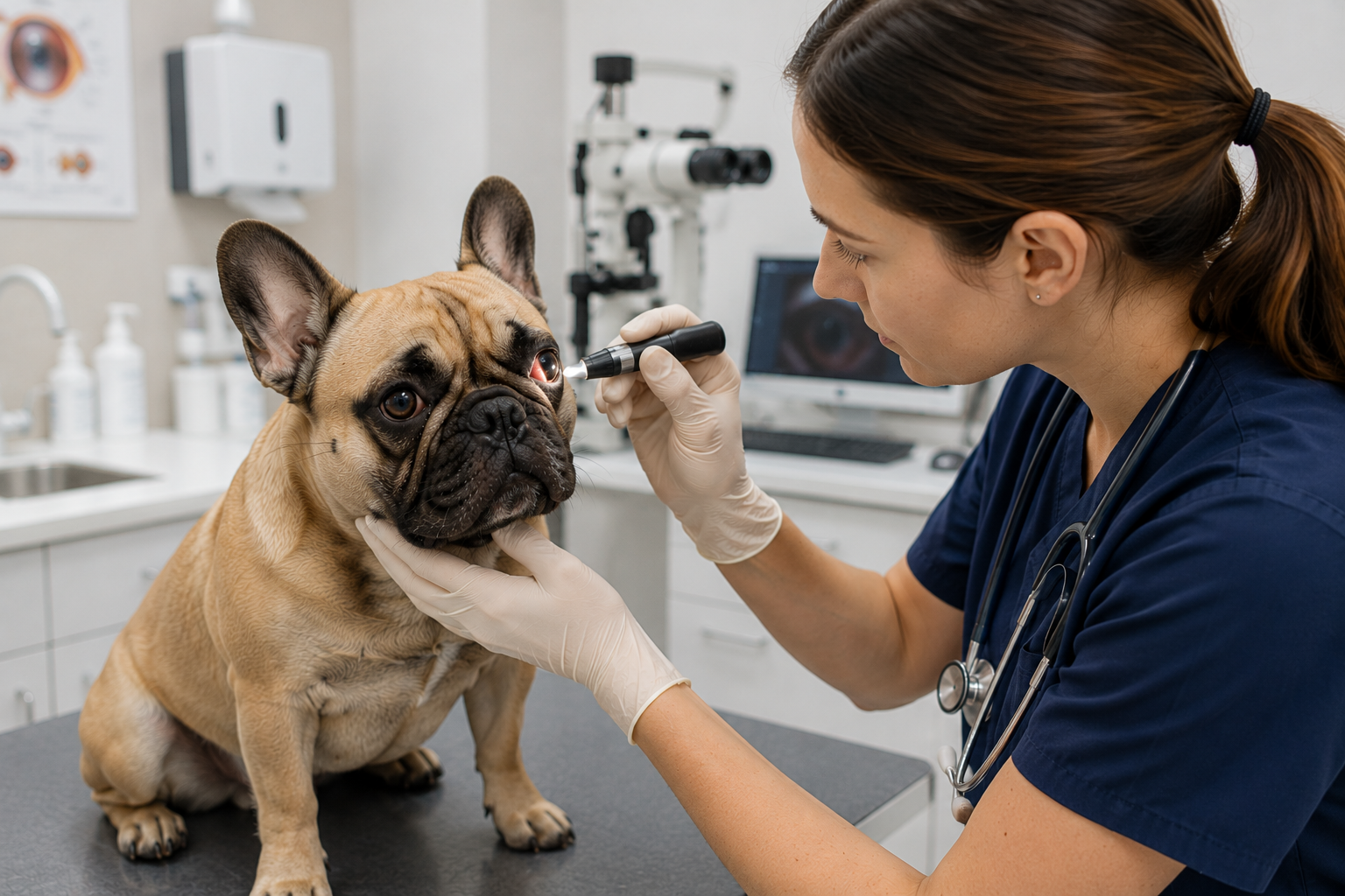 French Bulldog during an eye examination at a veterinary consultation for cherry eye