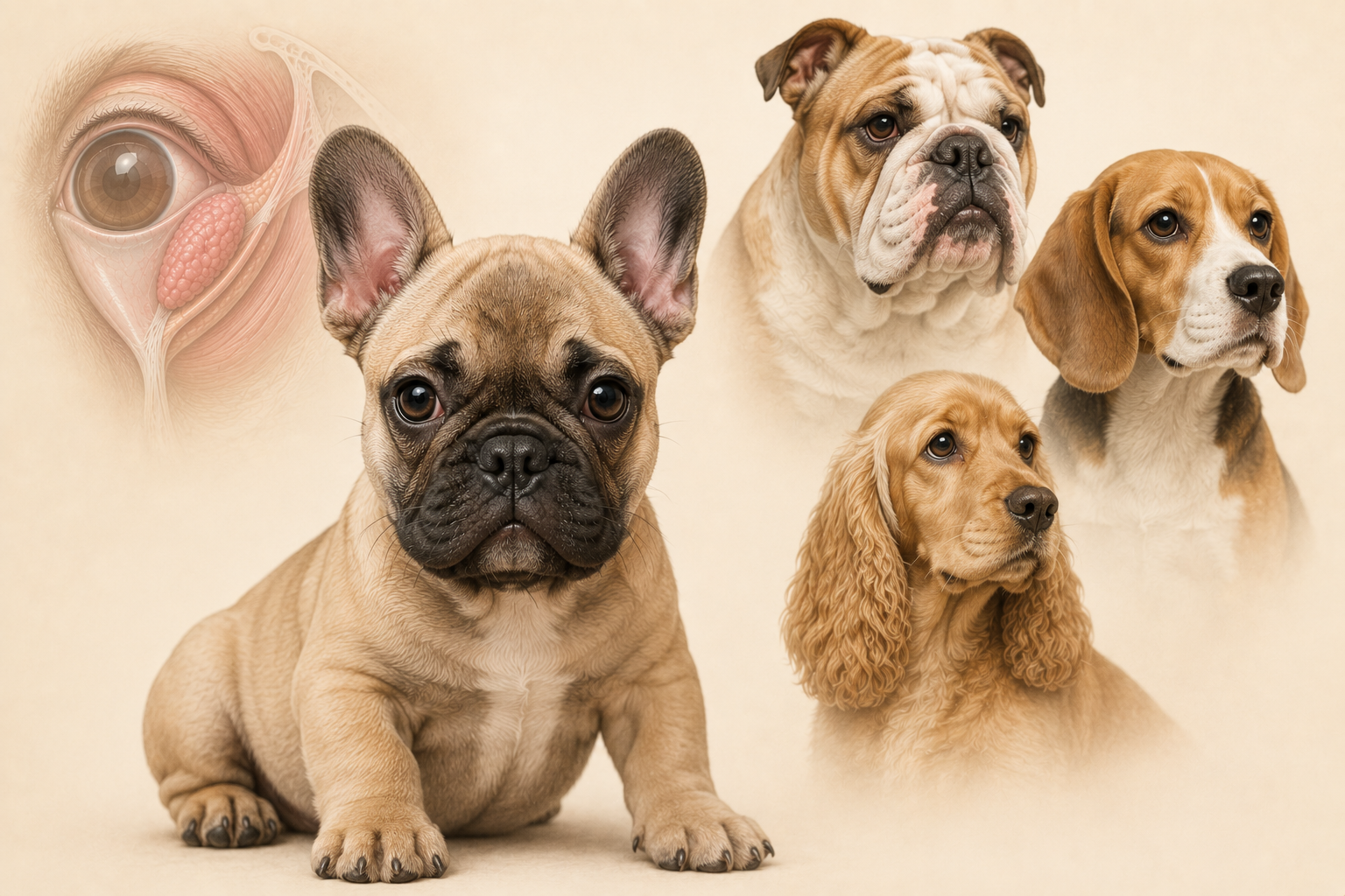 Young French Bulldog with a representation of other dog breeds predisposed to cherry eye