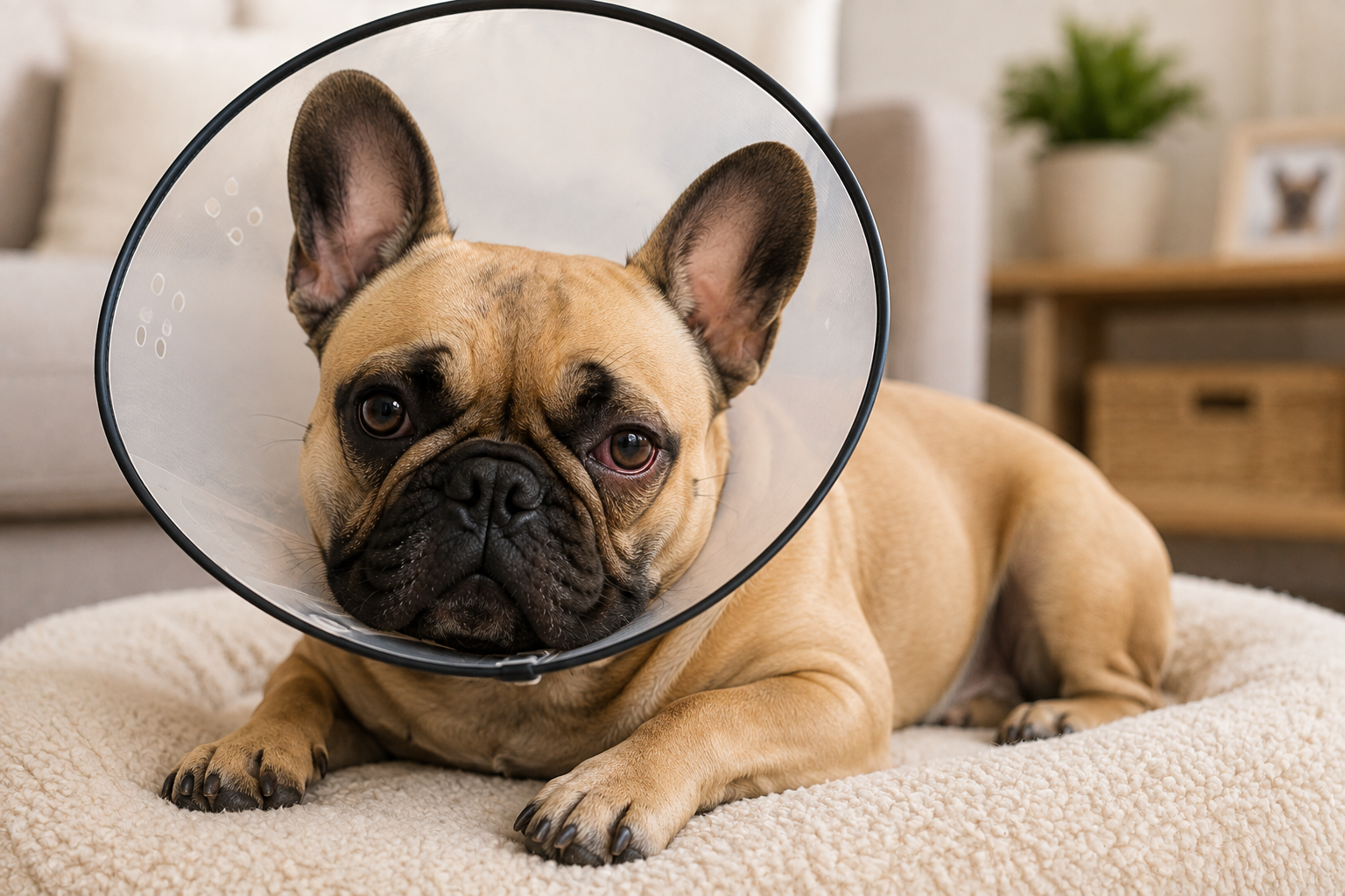 French Bulldog wearing an Elizabethan collar during home recovery after eye surgery