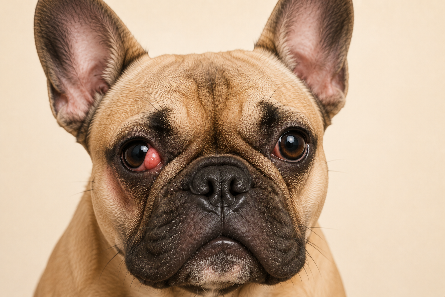 French Bulldog with a pink mass in the inner corner of one eye compatible with cherry eye