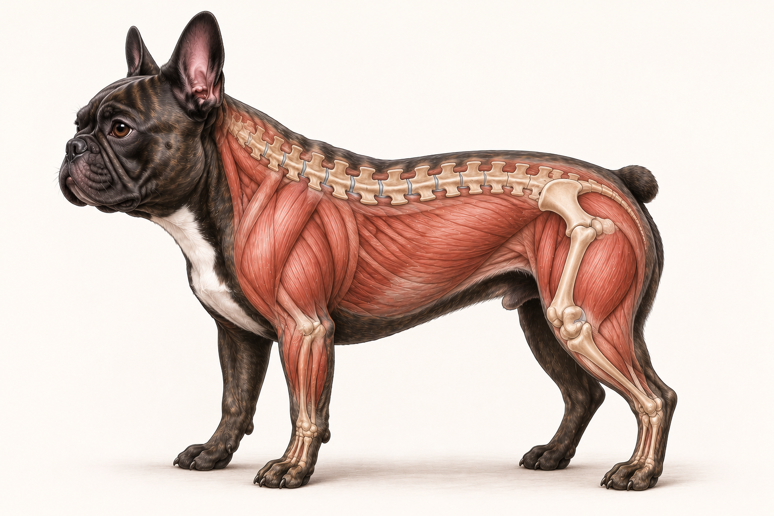 Educational illustration of the musculoskeletal system of a French Bulldog showing the spine, muscles, and joints