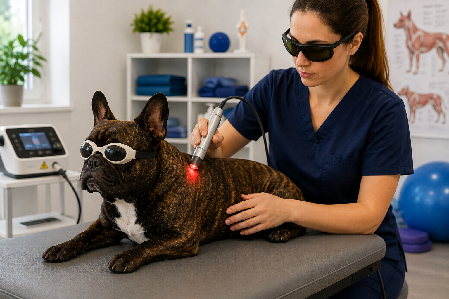 French Bulldog with eye protection during a professional photobiomodulation session
