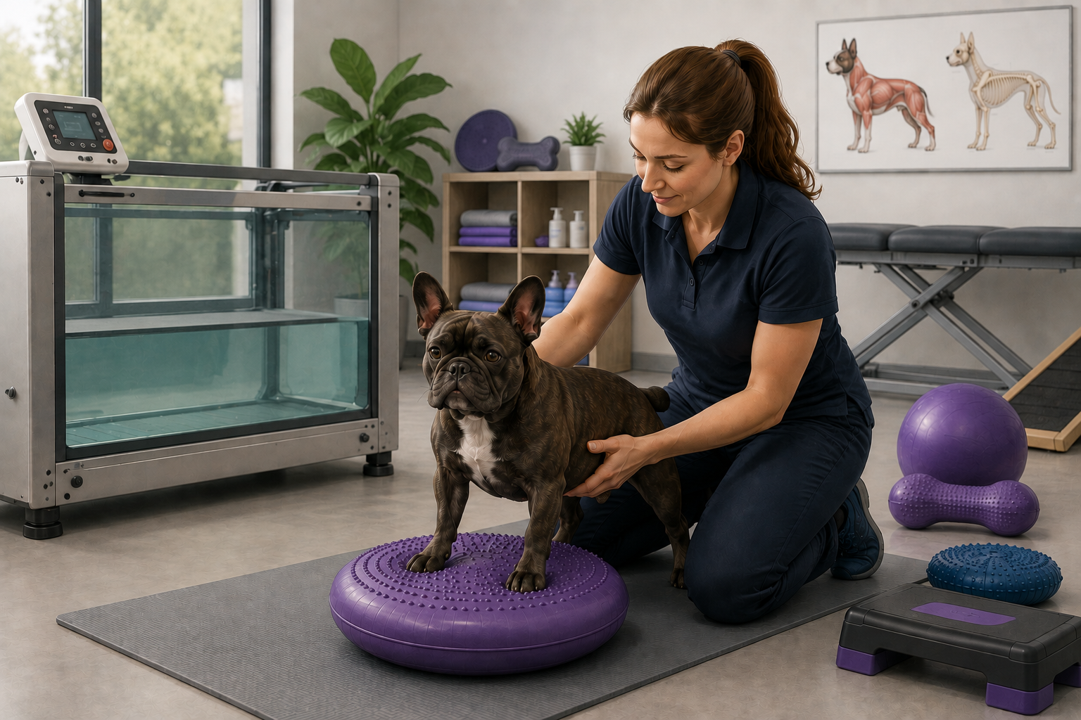 French Bulldog during a veterinary physiotherapy session with rehabilitation equipment and underwater treadmill