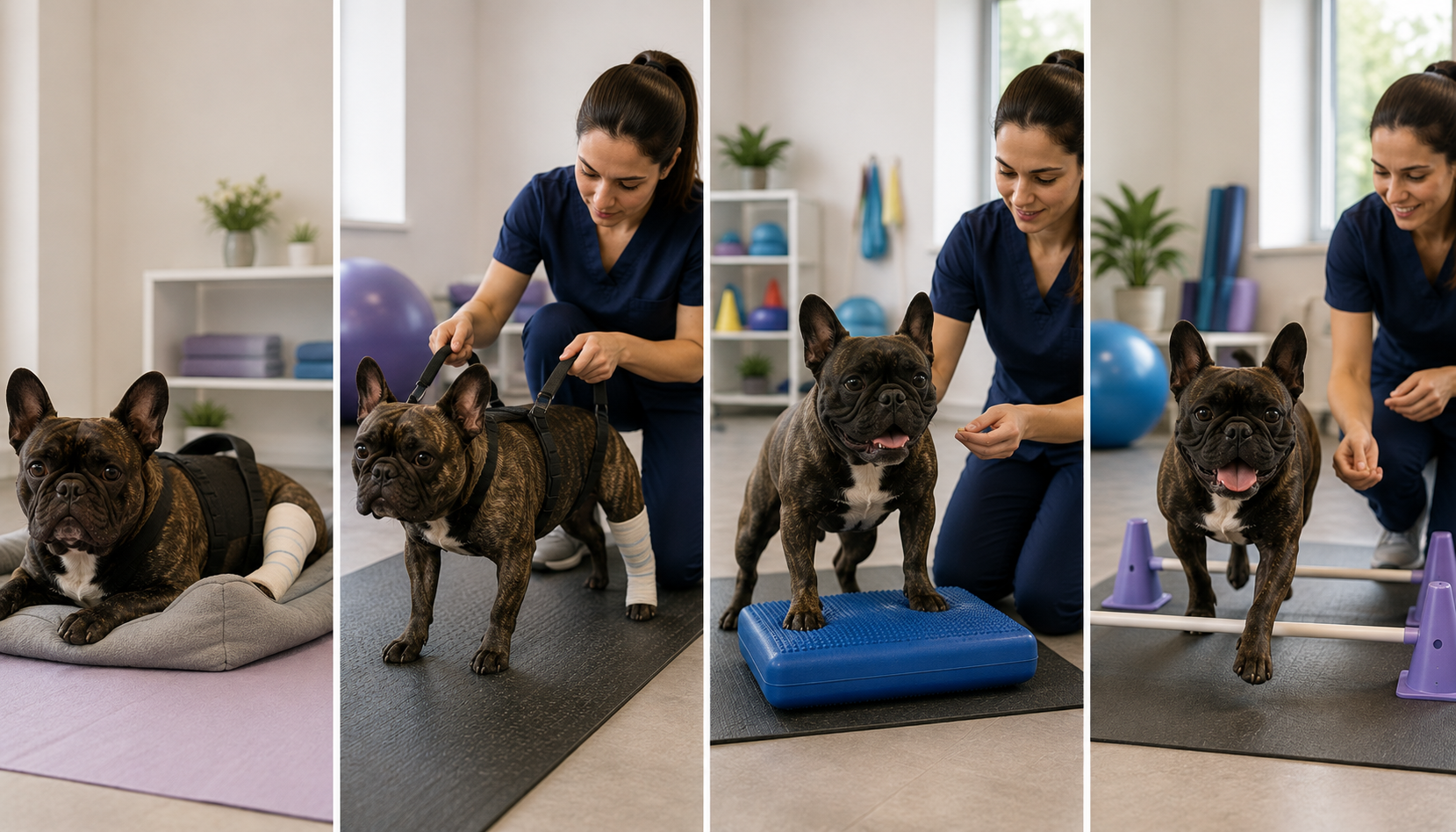French Bulldog shown in different illustrative phases of a post-operative rehabilitation pathway
