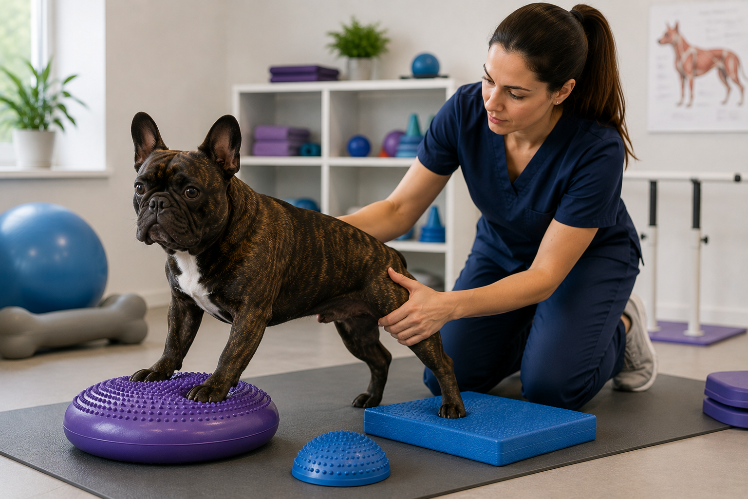 French Bulldog assisted by a rehabilitation professional during a veterinary rehabilitation activity