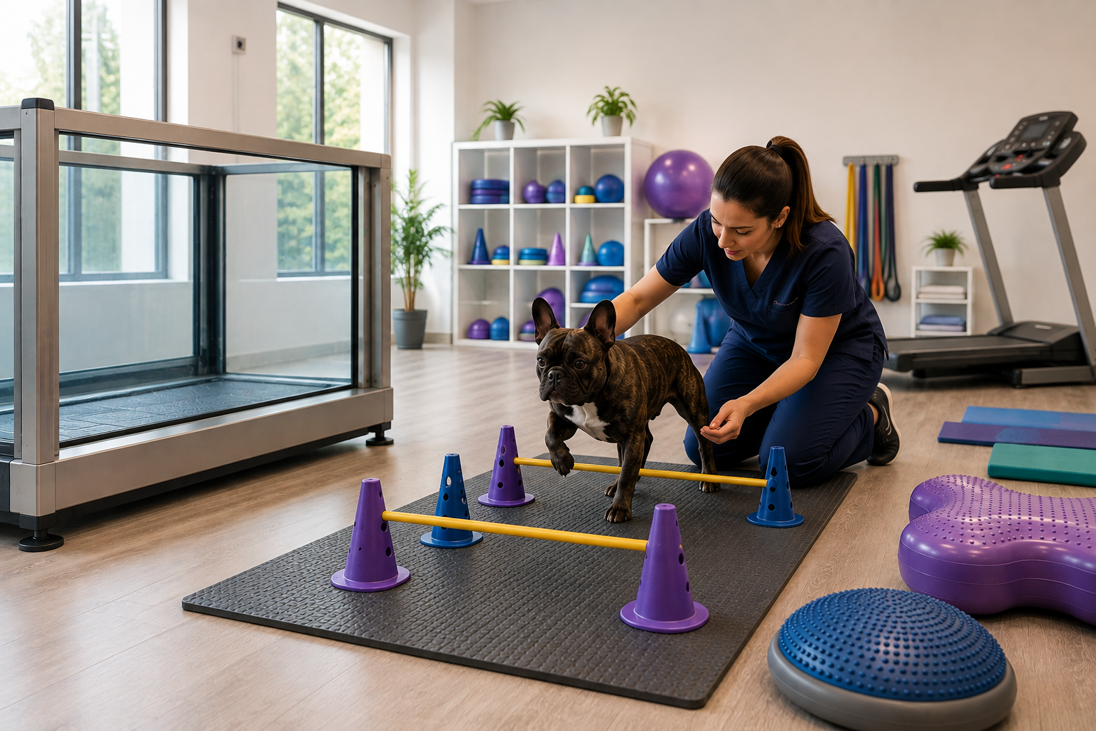 French Bulldog during a veterinary physiotherapy session with therapeutic exercises and rehabilitation equipment