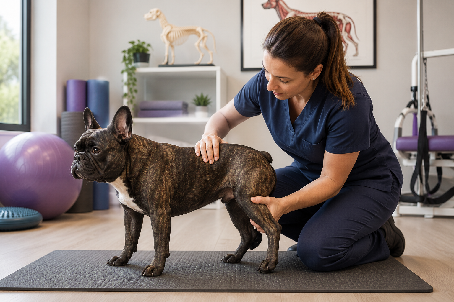 French Bulldog during a physiotherapy assessment of the hindlimb in a veterinary rehabilitation centre