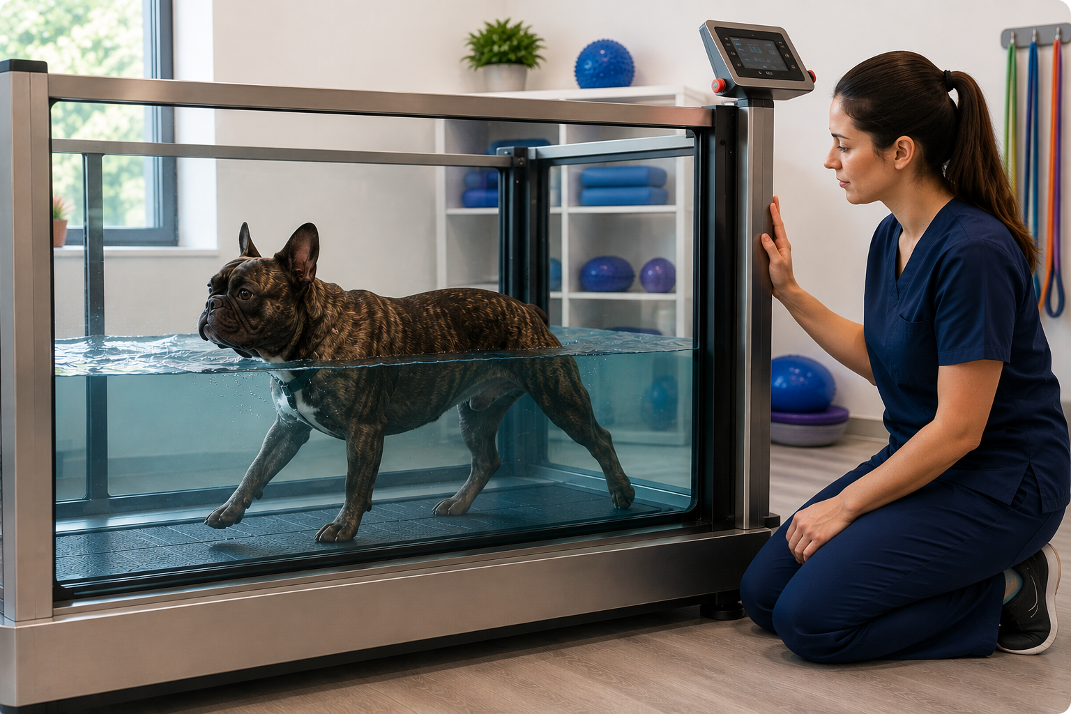 French Bulldog during an underwater treadmill session with a veterinary physiotherapist