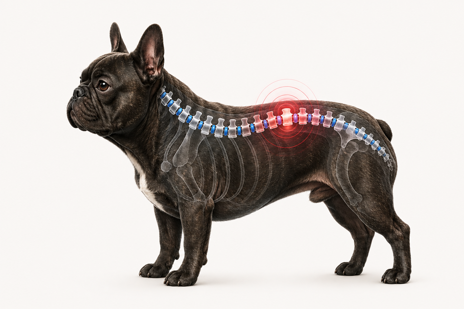 Illustration of a French Bulldog's spine showing intervertebral disc disease (IVDD)