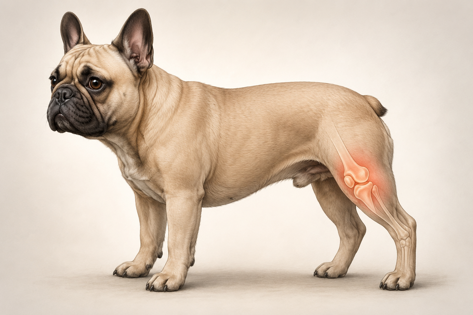 Illustration of a French Bulldog with anatomical highlighting of the knee joint