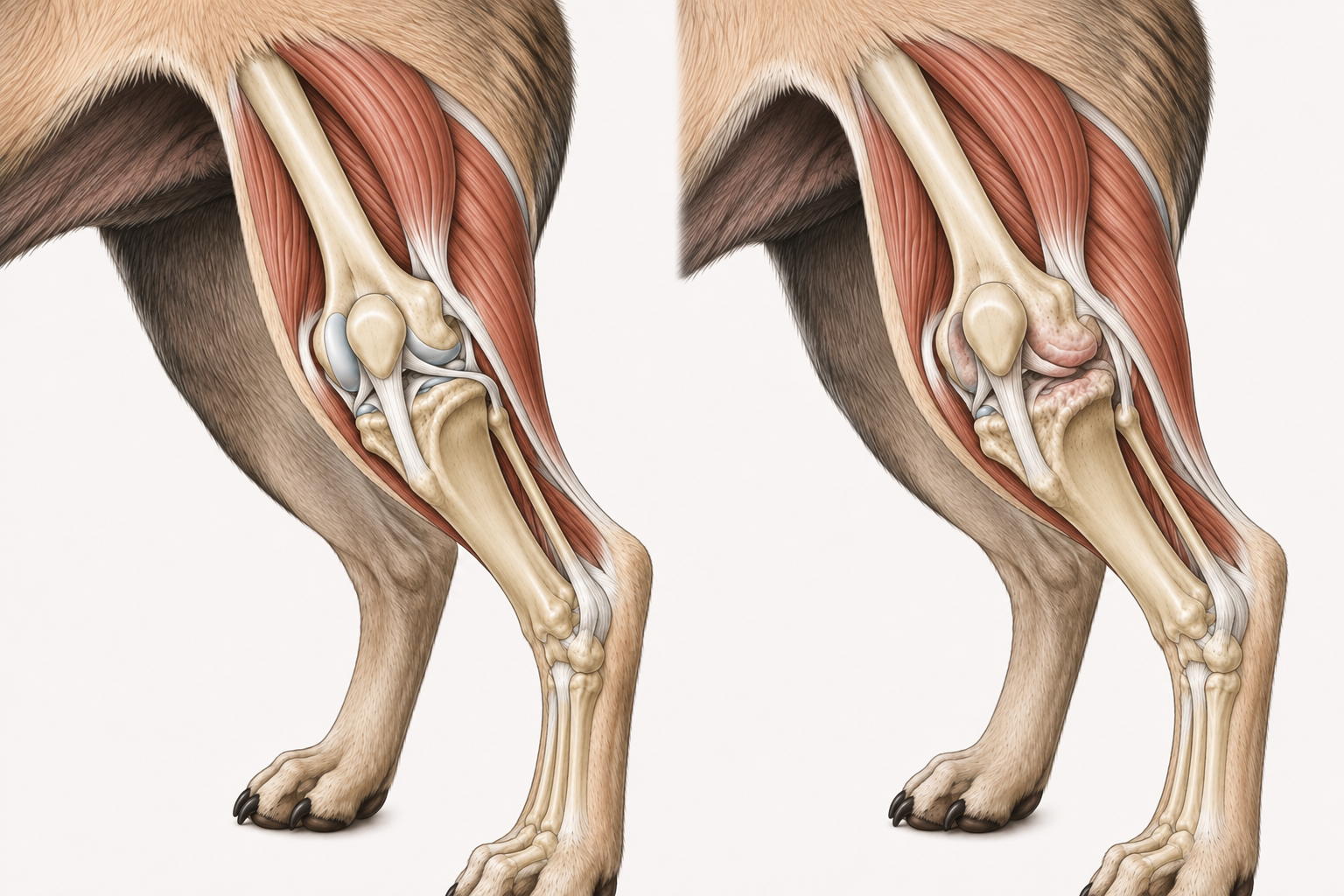 Anatomical comparison of the canine stifle between a relatively normal joint and one with patellar luxation and degenerative changes.