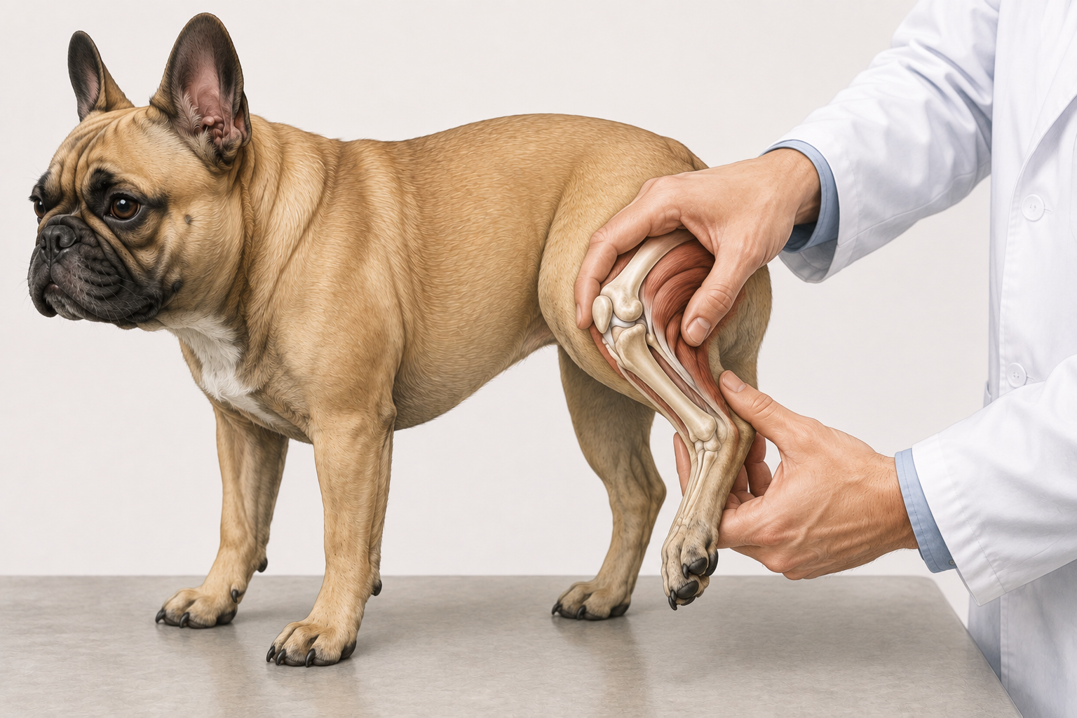 Veterinarian examining the knee of a French Bulldog during an orthopaedic consultation