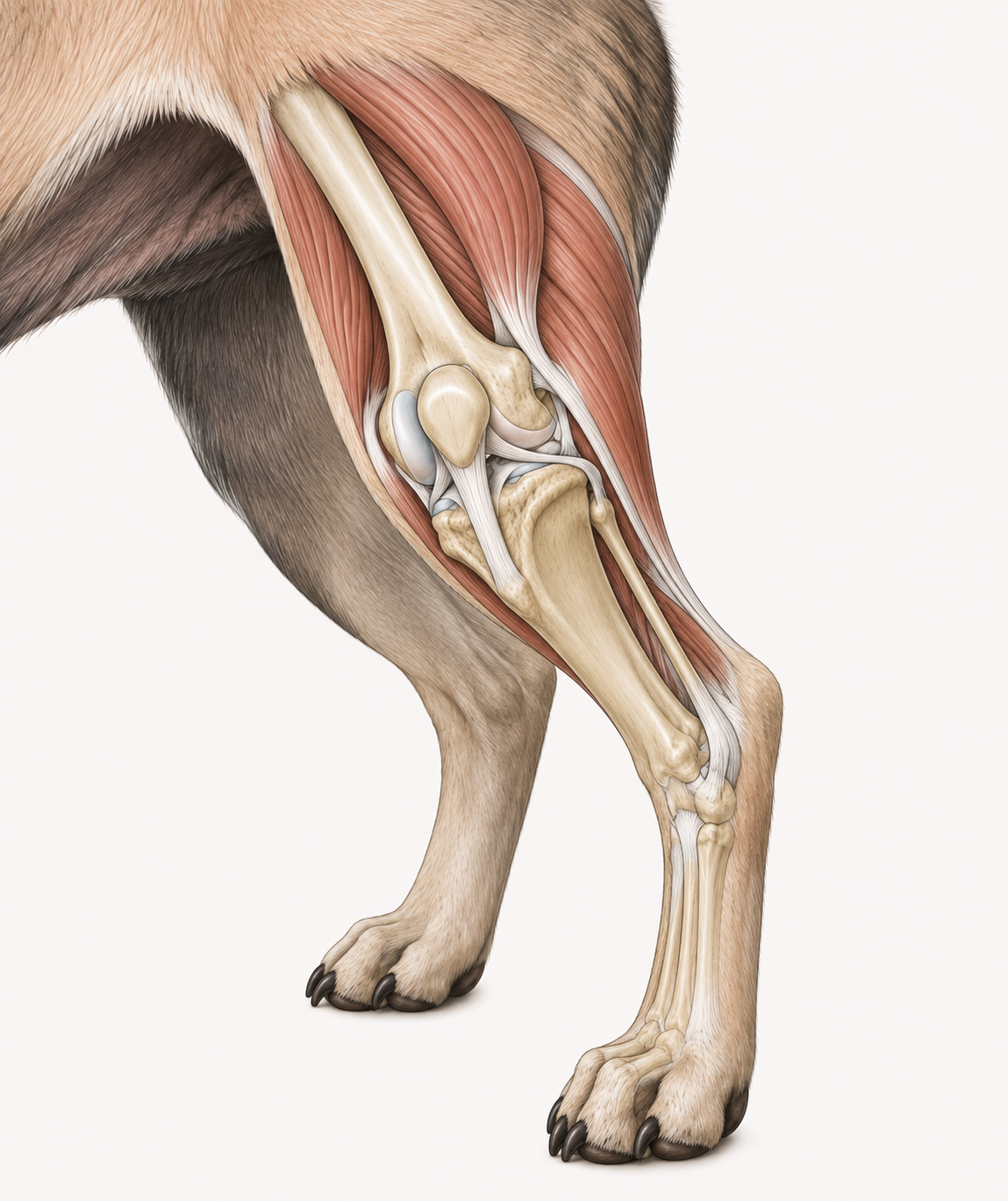 Anatomical illustration of a dog's hind limb with a healthy knee, bones and muscles highlighted