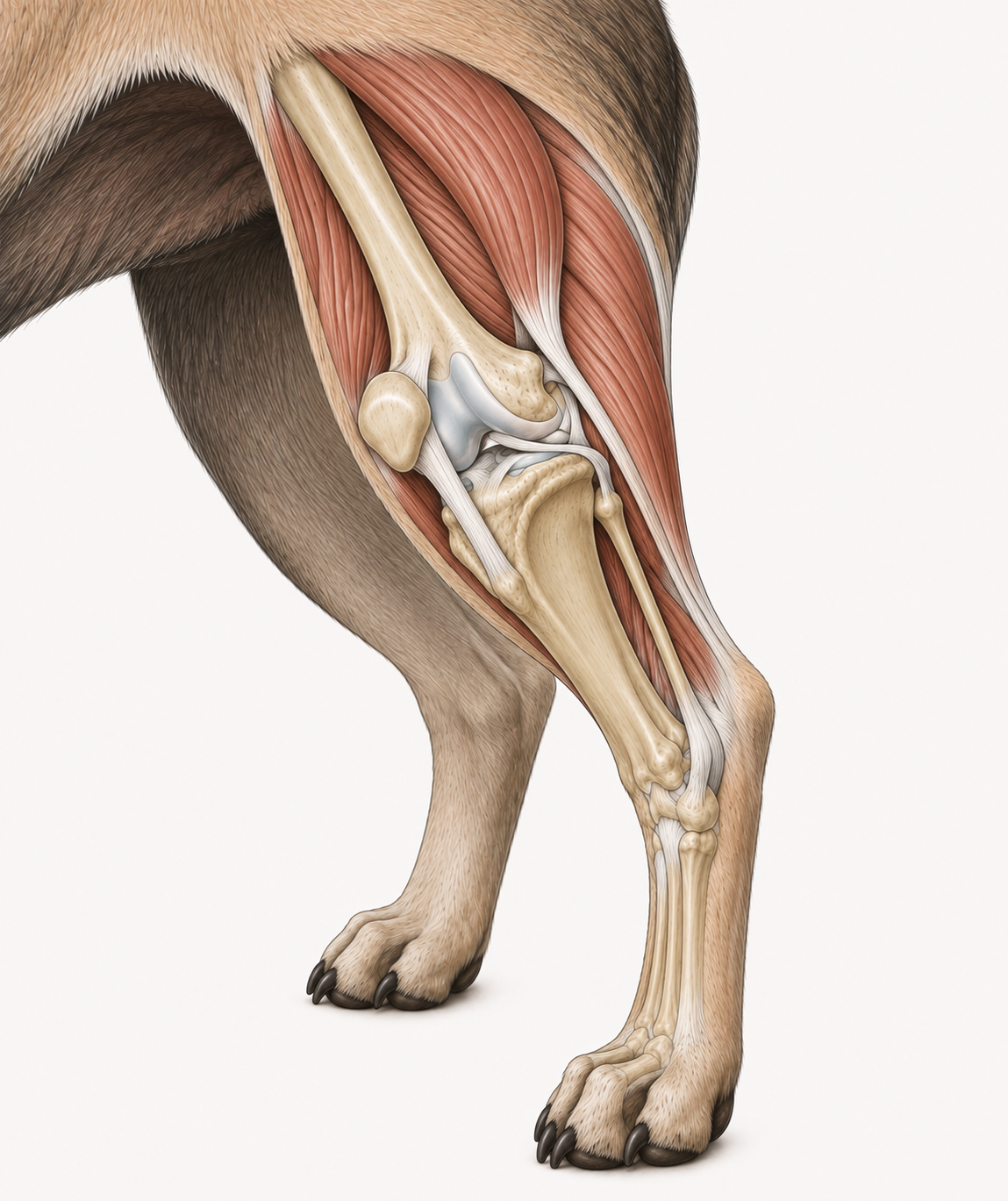 Anatomical illustration of a canine knee with medial patellar luxation