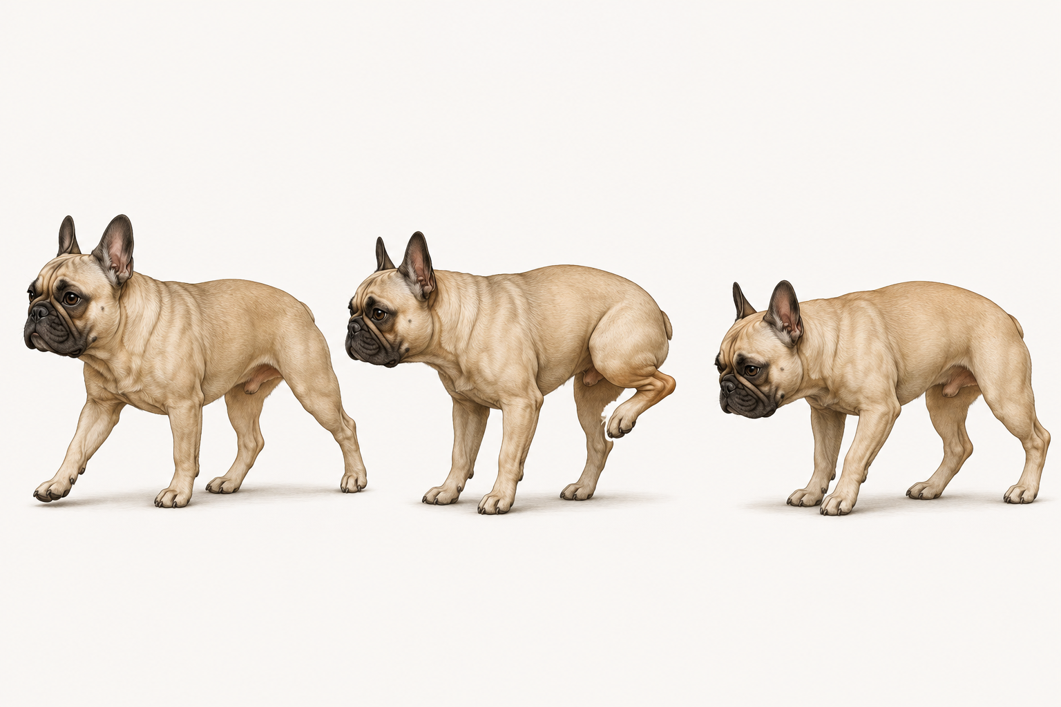 Educational illustration of three French Bulldogs comparing normal weight-bearing, intermittent elevation of a hind limb, and an altered gait.
