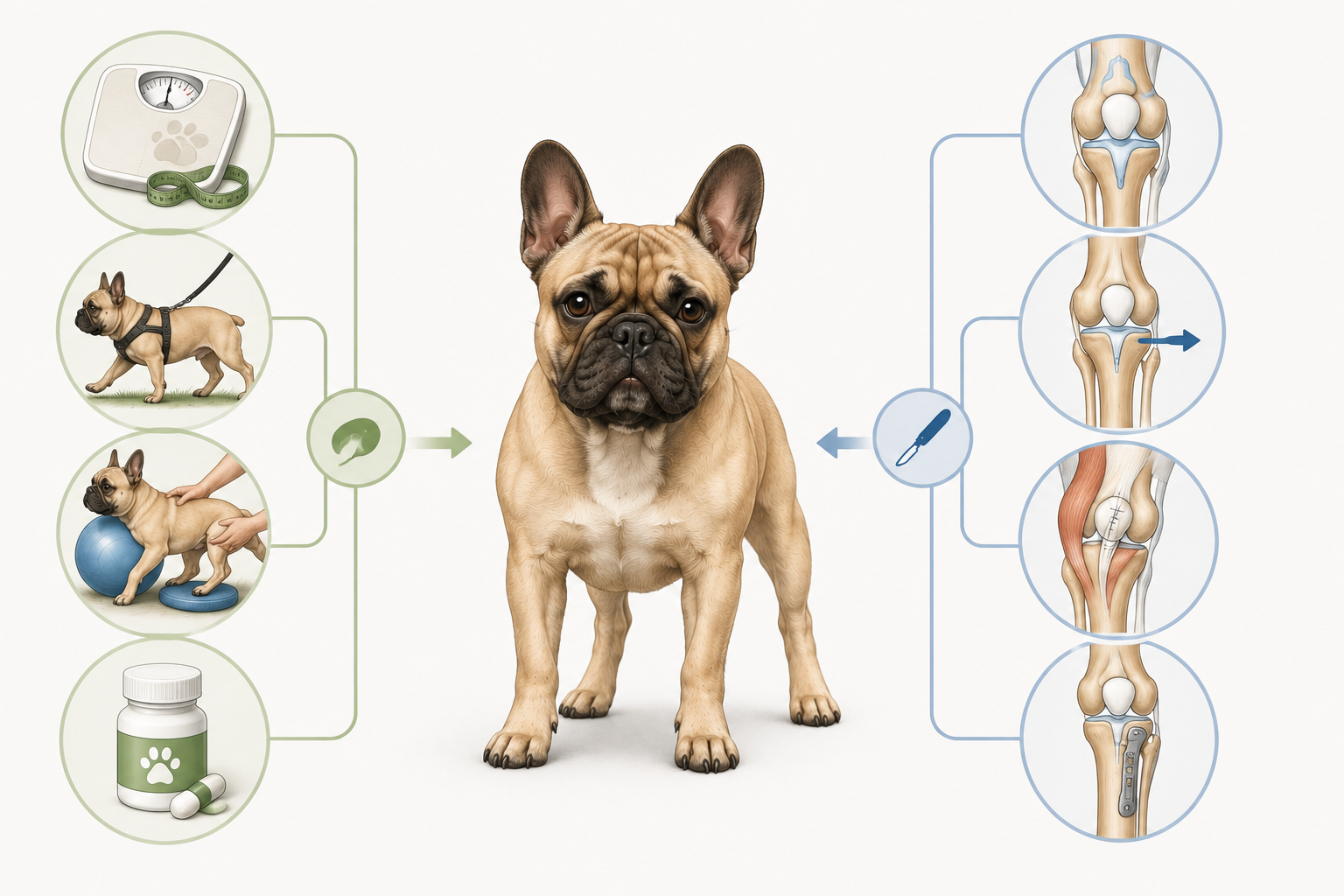 French Bulldog at the centre of a visual comparison between conservative management and the main surgical approaches for patellar luxation.